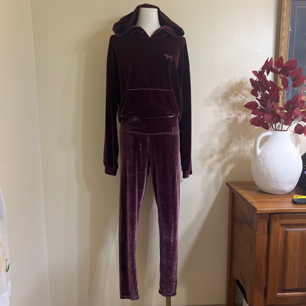Victoria's Secret PINK Velour Tracksuit Set Burgundy Maroon Hoodie Leggings L